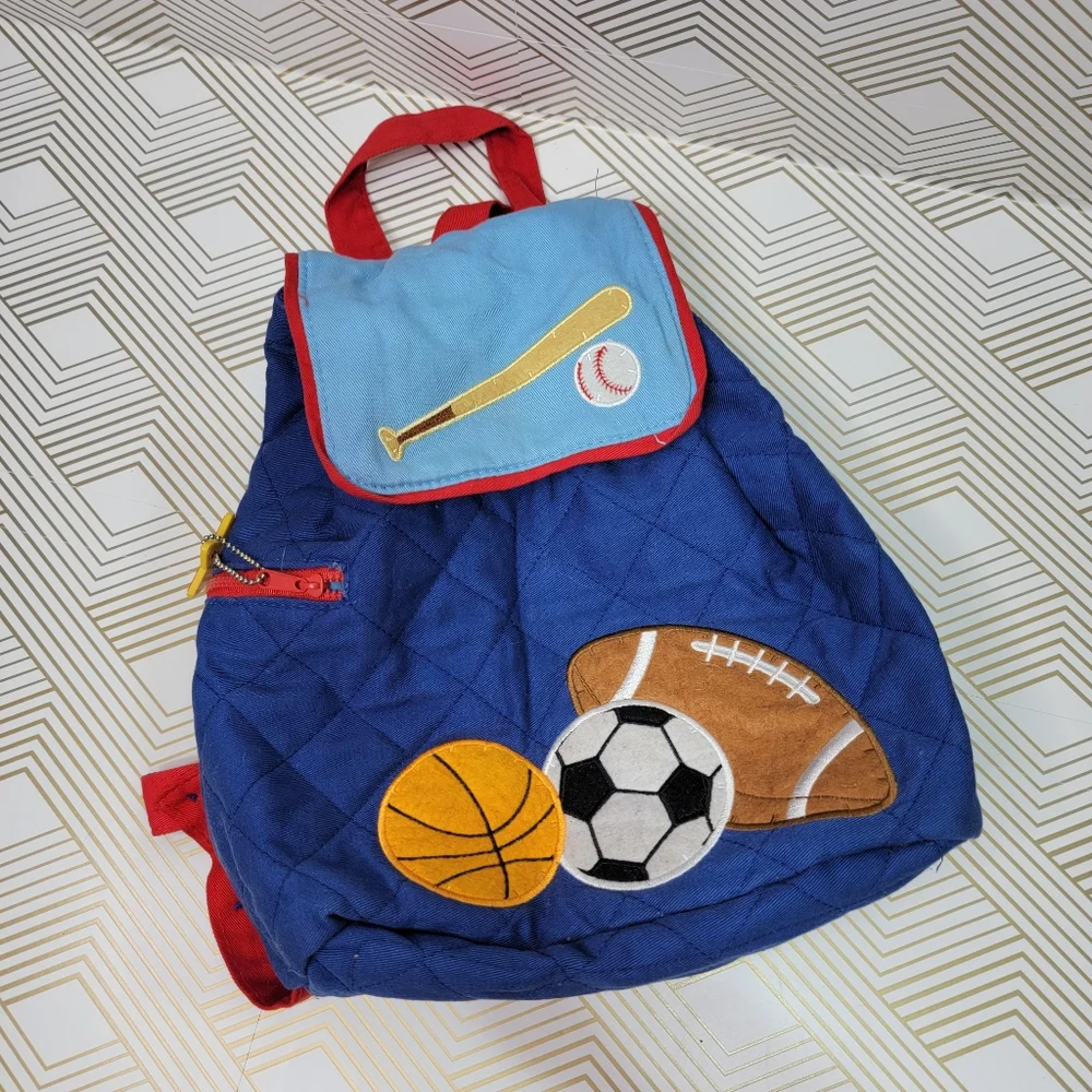 Stephen Joseph Quilted Backpack Sports Blue & Red Ages 3+ Drawstring Closure.
